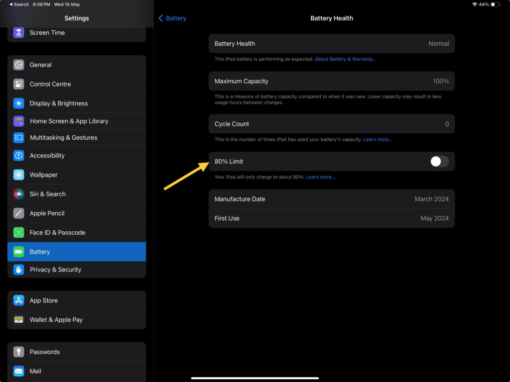 ipad pro m4 limit charge to 80